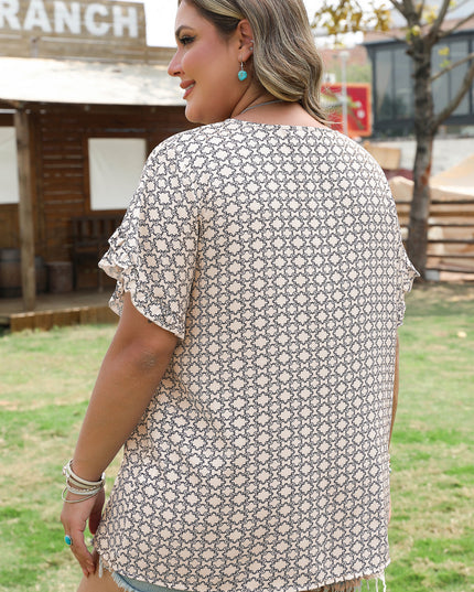 Khaki Plus Size Geometric Print Ruffled Sleeve Blouse
