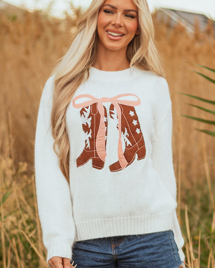White Embroidered Bow Boots Graphic Drop Shoulder Sweater