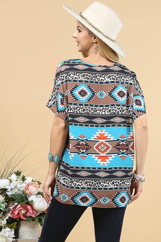 AV1178-MARLENE AZTEC PRINT WOVEN TOP