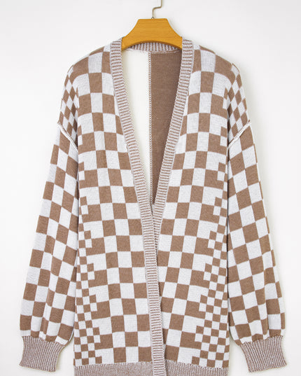Orange Plus Size Checkered Bubble Sleeve Drop Shoulder Open Cardigan
