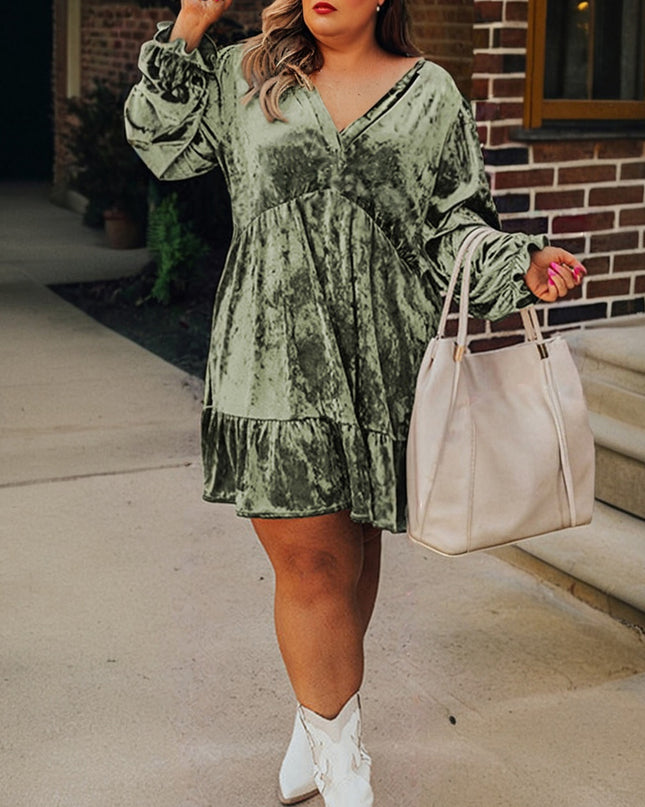 Coffee Plus Size Velvet Babydoll Mini Dress with Puff Sleeve