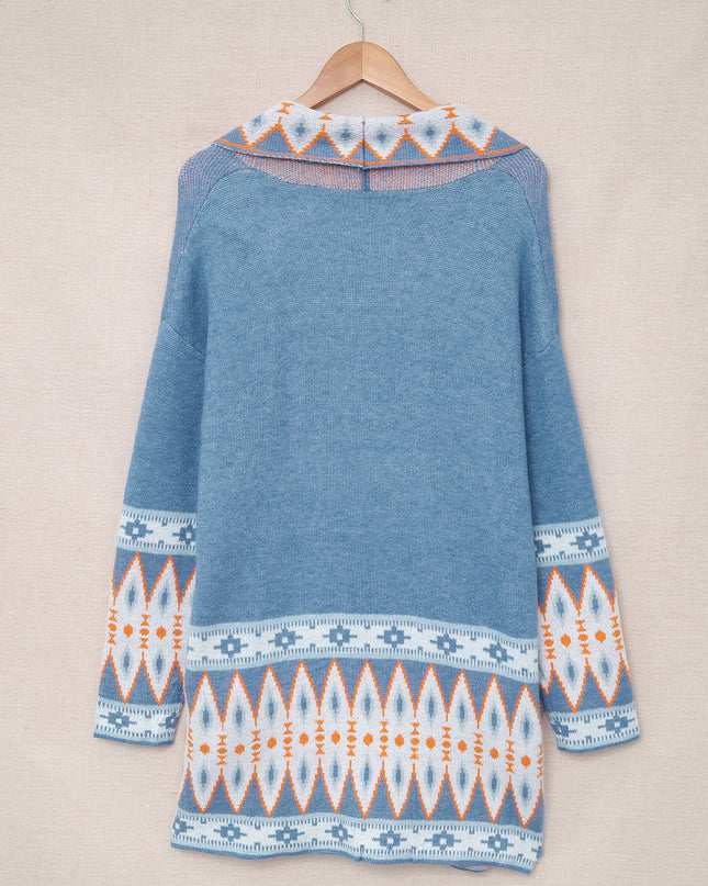 Blue Aztec Print Open Front Knitted Cardigan