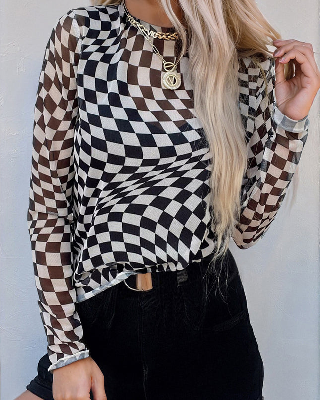 Black Checkered Pattern Mesh Mock Neck Long Sleeve Top
