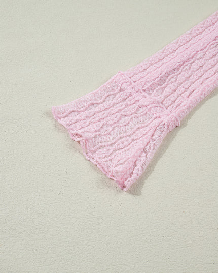Light Pink Flounced Long Sleeve Mock Neck Sheer Lace Top