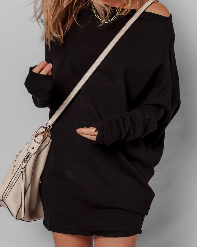 Black Asymmetric Neck Batwing Sleeve Shift Mini Sweater Dress