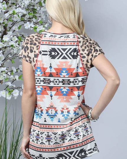 AV1118-THEA AZTEC LEOPARD PRINT SHORT SLEEVE TOP