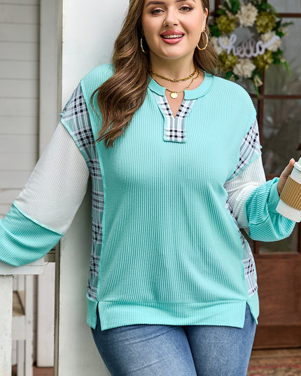 Aruba Blue Twist Ribbed Color Block Plaid Patchwork Plus Size Long Sleeve Top