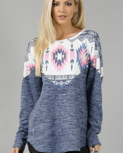 AV1066-ANDREA AZTEC PRINT COLOR BLOCK HACCI TOP