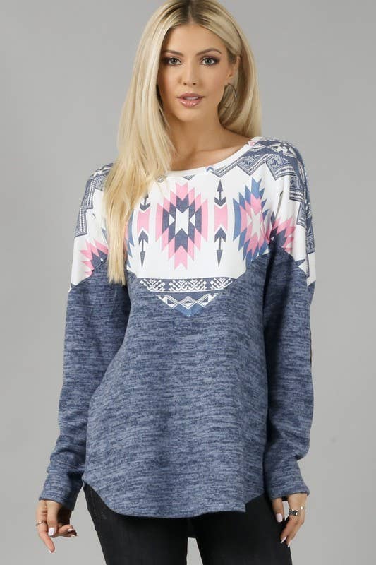 AV1066-ANDREA AZTEC PRINT COLOR BLOCK HACCI TOP