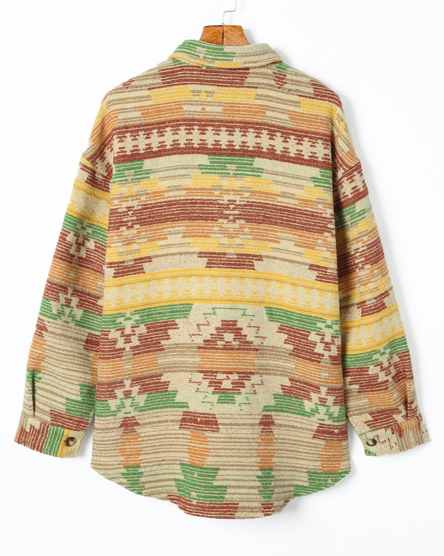 Yellow Western Aztec Print Button Flap Pocket Shacket