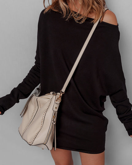 Black Asymmetric Neck Batwing Sleeve Shift Mini Sweater Dress