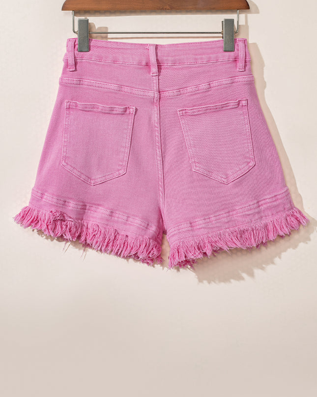 Pink Frayed Edge Mid Rise Denim Shorts