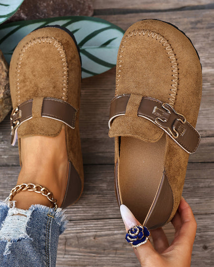 Khaki Faux Suede PU Leather Patchwork Retro Buckle Slip On Shoes