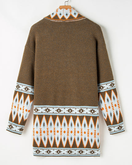 Brown Aztec Print Open Front Knitted Cardigan