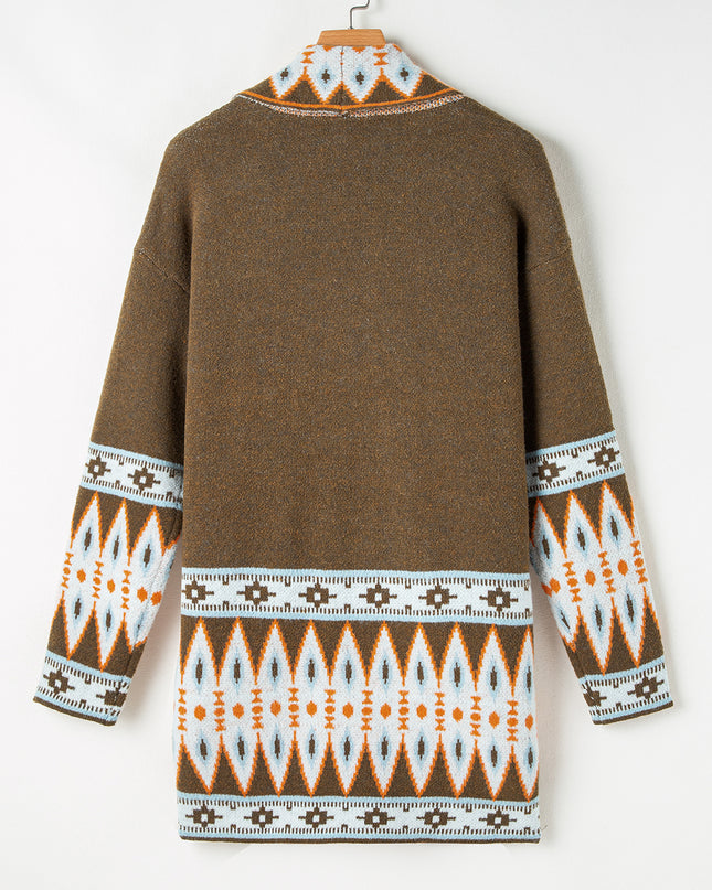 Brown Aztec Print Open Front Knitted Cardigan