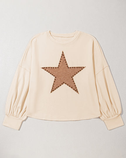 Beige Star Shape Studded Crew Neck Plus Size T Shirt