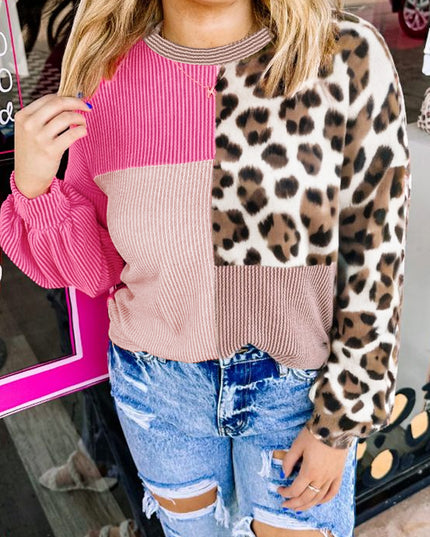 Rose Red Plus Size Twisted Ribbed Color Block Leopard Patchwork Long Sleeve Top