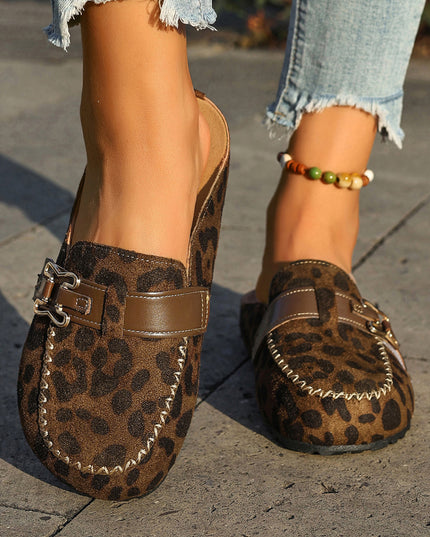 Coffee Faux Suede Cute Buckle PU Leather Strap Mule Slippers