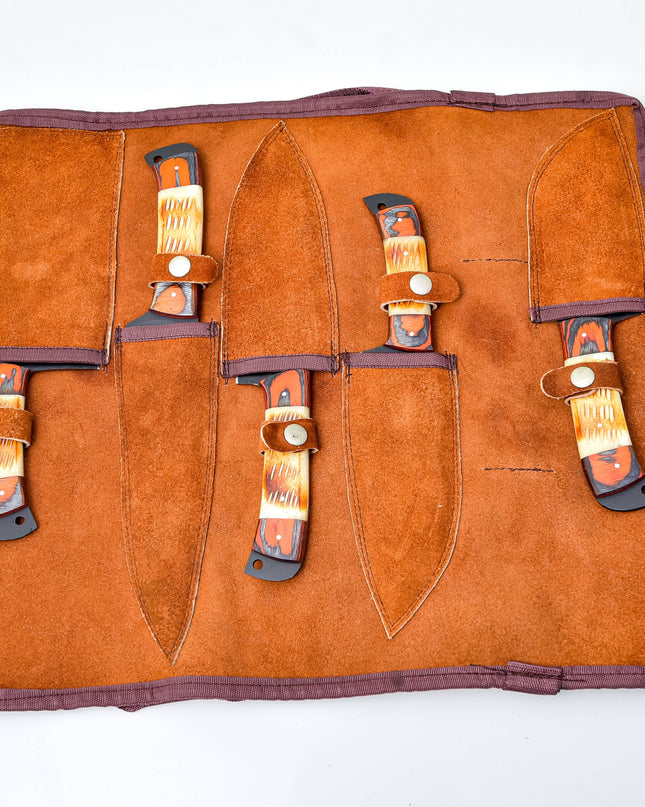 5-Piece  Knife Set / With Leather carry Bag Burnt Bone