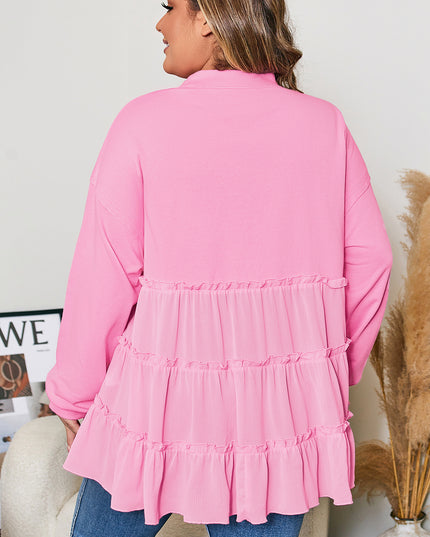 Pink Tiered Ruffle Ribbed Crew Neck Pullover Plus Size Top