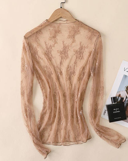 Semi Sheer Mesh Floral Lace Layering See Through Top