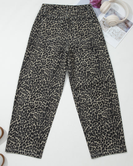 Black Leopard Print High Waist Barrel Jeans