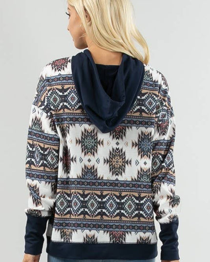 KC020-TANIA AZTEC PRINT COLOR BLOCK HOODIE