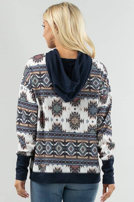 KC020-TANIA AZTEC PRINT COLOR BLOCK HOODIE