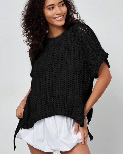 Pink Plus Size Open Knit Bow Tie Short Sleeve Sweater