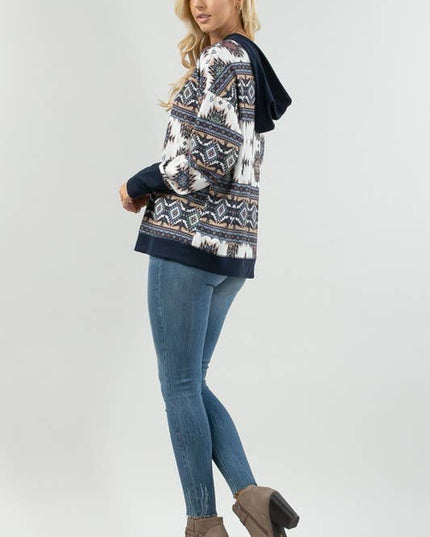 KC020-TANIA AZTEC PRINT COLOR BLOCK HOODIE