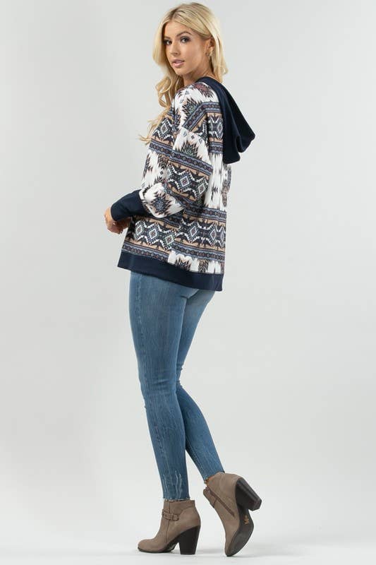 KC020-TANIA AZTEC PRINT COLOR BLOCK HOODIE