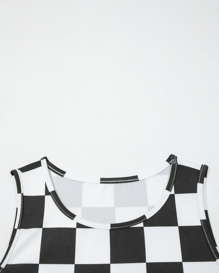 Black Checkerboard Printed Slim Tank Top