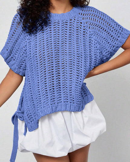 Pink Plus Size Open Knit Bow Tie Short Sleeve Sweater