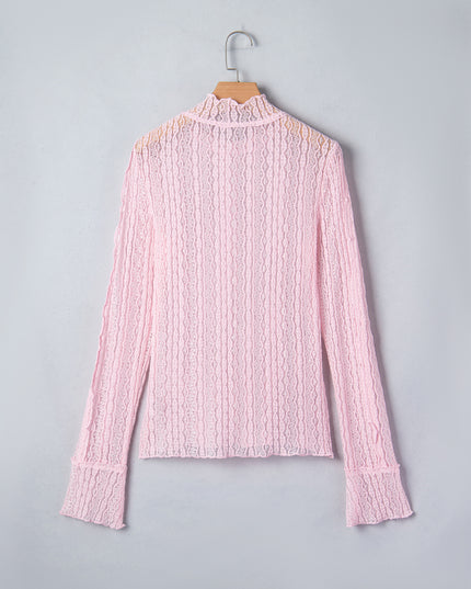 Light Pink Flounced Long Sleeve Mock Neck Sheer Lace Top