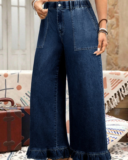 Ashleigh Blue Plus Size Elastic Waist Ruffled Wide Leg Denim Pants