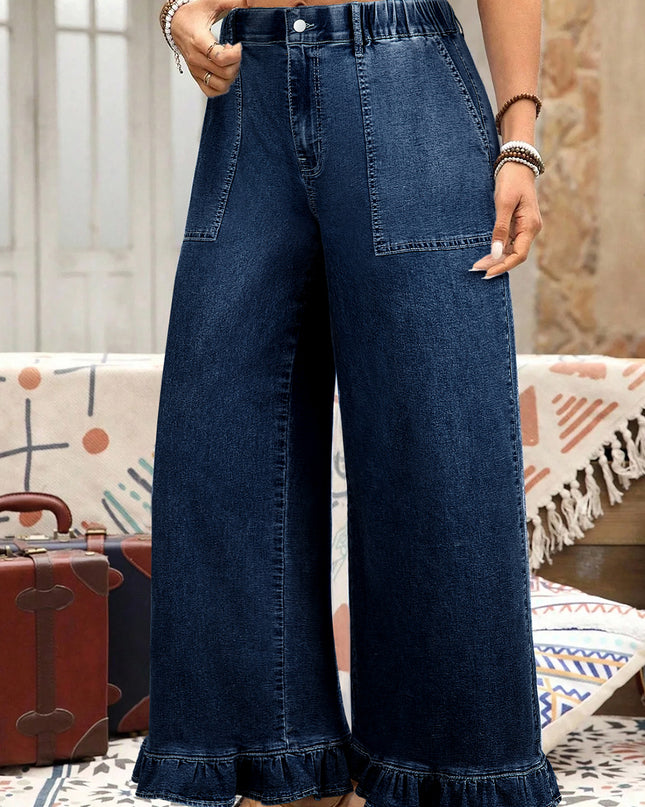 Ashleigh Blue Plus Size Elastic Waist Ruffled Wide Leg Denim Pants