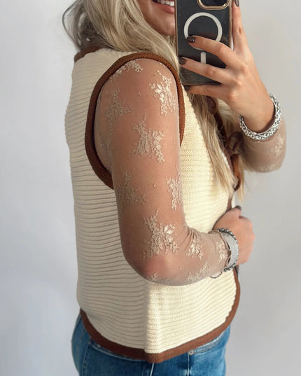 White Horizontal Ribbed Knit Contrast Trim Ties Front Sweater Vest