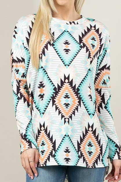 KC010-TORI AZTEC PRINT DOLMAN SLEEVE TUNIC