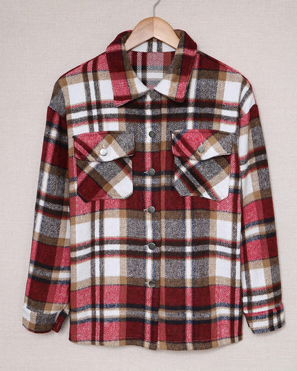 Fiery Red Geometric Plaid Print Pocketed Shacket