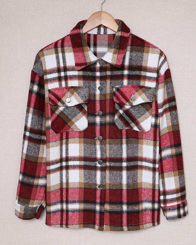 Fiery Red Geometric Plaid Print Pocketed Shacket
