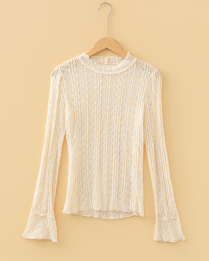 Light Pink Flounced Long Sleeve Mock Neck Sheer Lace Top