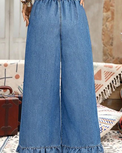 Ashleigh Blue Plus Size Elastic Waist Ruffled Wide Leg Denim Pants