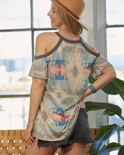 AV1117-JOANNE AZTEC PRINT COLD SHOULDER TOP