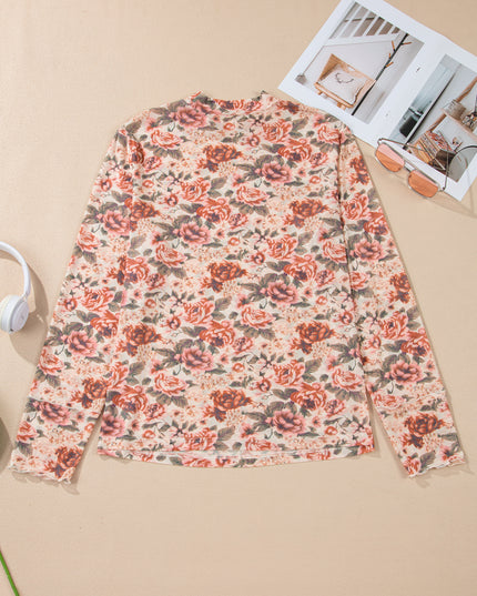 Pink Plus Size Floral Mock Neck Long Sleeve Slim Top