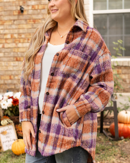 Multicolour Plus Size Plaid Print Collared Button up Jacket