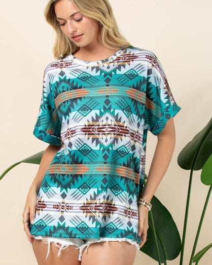 AT1291-MARTHA AZTEC PRINT FOLDED SLEEVE THERMAL TOP