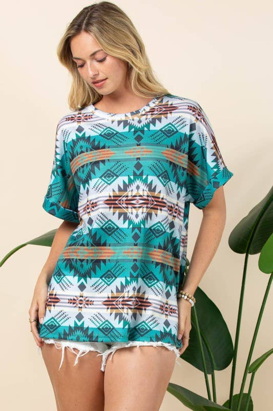 AT1291-MARTHA AZTEC PRINT FOLDED SLEEVE THERMAL TOP