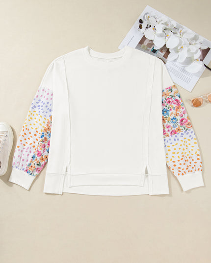 White Plus Size Exposed Seam Detail Contrast Dot Floral Patchwork Sleeve Sweatshirt