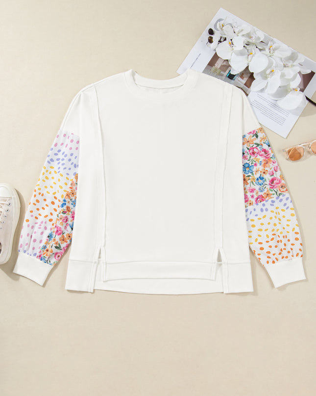 White Plus Size Exposed Seam Detail Contrast Dot Floral Patchwork Sleeve Sweatshirt