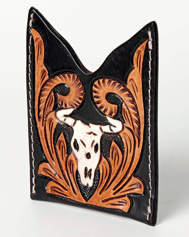 ADCCF107 Hand-Tooled Leather Card Holder - Western Bull Skull & Floral Design
